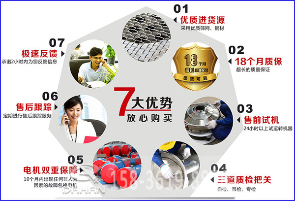 大漢食品振動篩的7大優勢：優質進貨源，售后跟蹤，售前試機等。