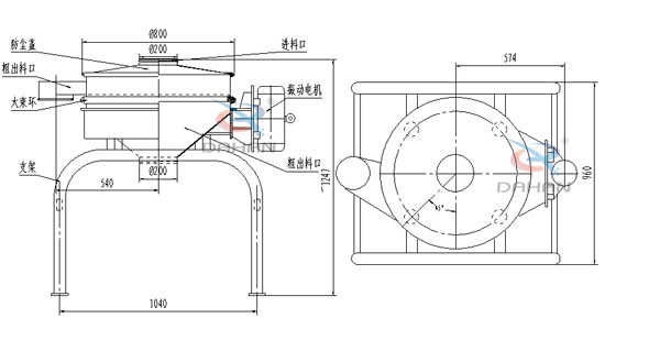 單振源直排篩機構和持續：防塵蓋（mm）：800進料口（mm）：200結構;防塵蓋，大束環，支架，振動電機，進料口等。