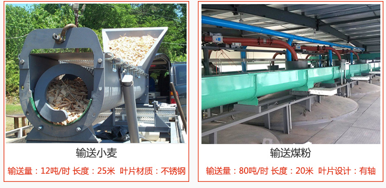 絞龍螺旋輸送機輸送小麥輸送量在12噸/時，長度為25米，葉片采用不銹鋼材質；輸送水泥輸送量在80噸/時，長度為20米，葉片設計為有軸。