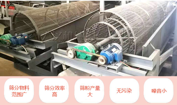 滾筒篩分機主要特點：篩分物料范圍廣，篩分效率高，篩分產量大，無污染，噪音小。