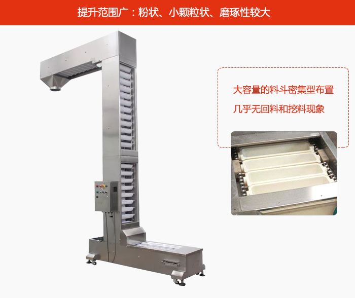 Z型斗式提升機的提升范圍廣：粉狀，小顆粒狀，磨琢性較大的物料都可輸送。