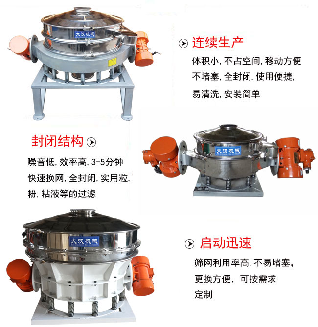 直徑1000mm直排篩特點：連續生產：體積小，不占空間，移動方便，不堵塞，全封閉，使用便捷，易清洗，安裝簡單。封閉結構：噪音低，效率高，3-5分鐘，快速換網，全封閉，實用粒，粉粘液等的過濾。啟動迅速：篩網利用率高，不易堵塞，更換方便，可按需求定制。
