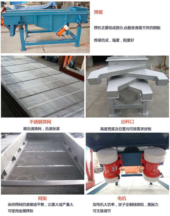 520型直線振動篩結構：篩箱：篩機主要組成部分，由數張厚度不同的鋼板焊制而成，強度，剛度好。不銹鋼篩網：能迅速換網，迅速張緊。電機：雙電機大功率，定子全銅線繞組，激振力可無極調節。網架：保持篩網的緊繃和平整，比重大或產量大時可使用金屬篩框。出料口：高度寬度及位置均可按照用戶的要求來定制。